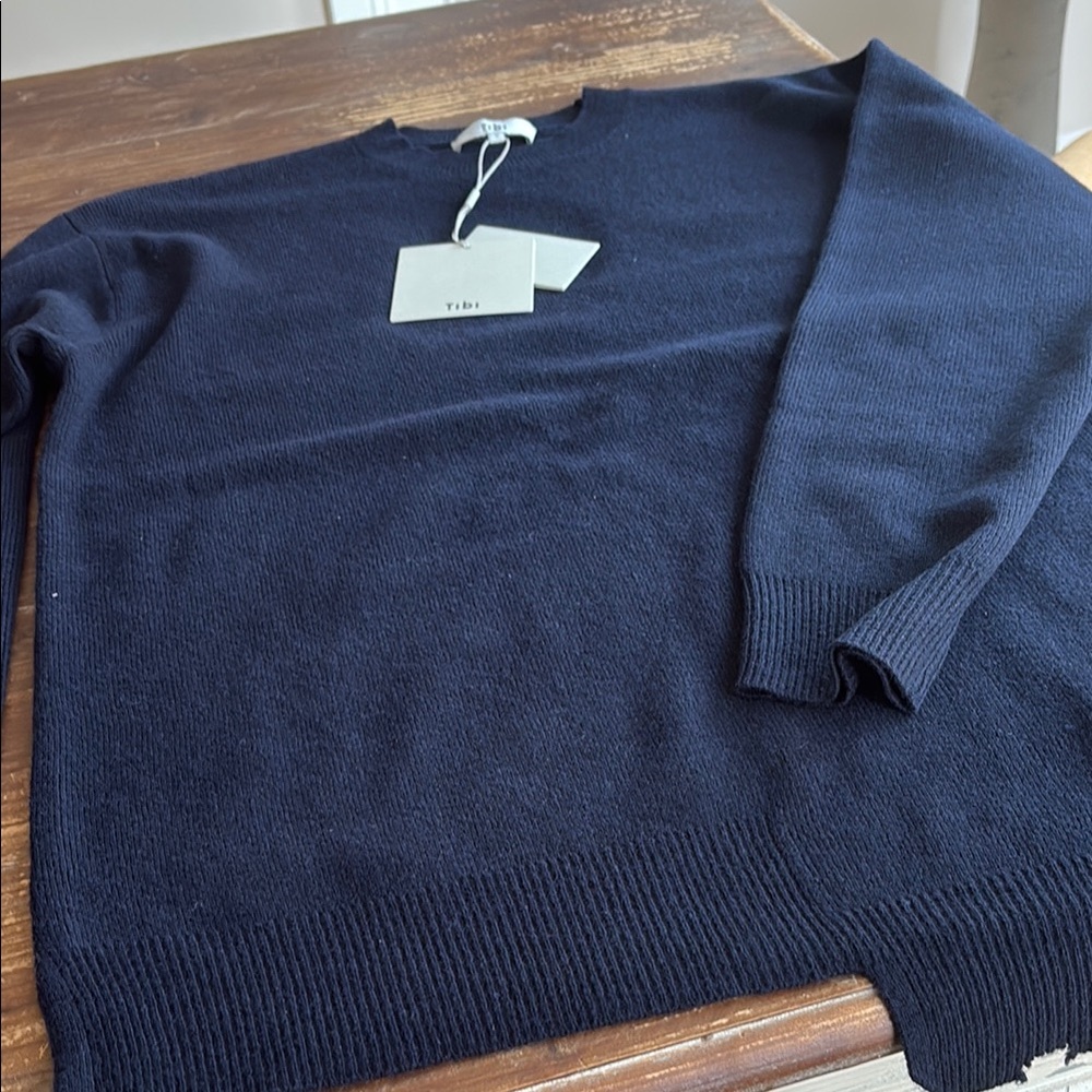 Tibi Blue Crewneck Sweater with Ribbed Cuffs